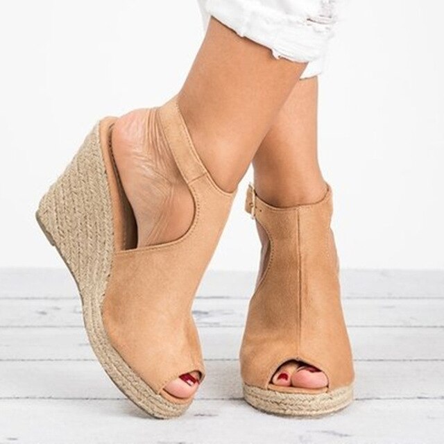 Suede Open Toe Cork Wedge Heels