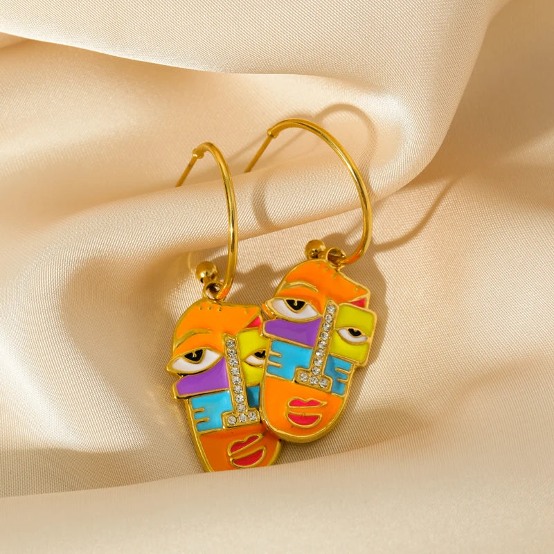 Stainless Steel Exaggerated Geometric Funny Face Drop Earrings For Women Girl Fashion Waterproof Ear Jewelry Gift