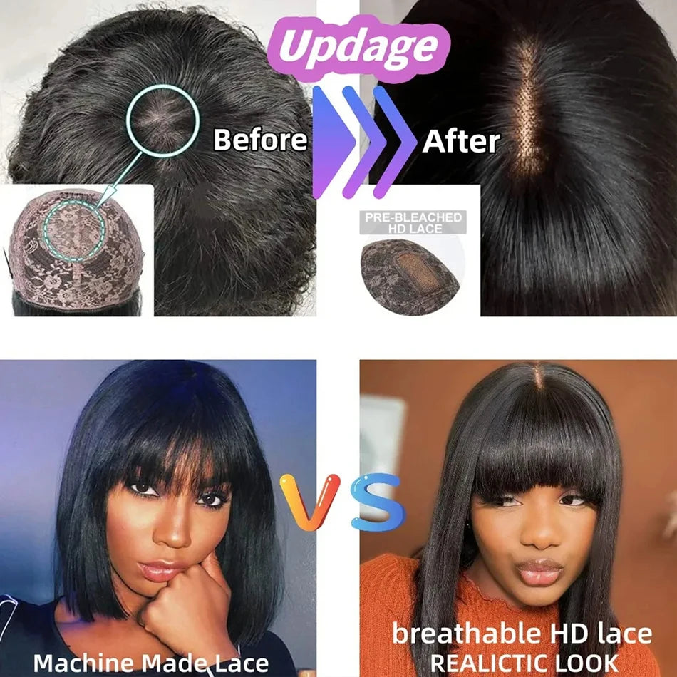 Bone Straight Human Hair Bob Wig with Bangs