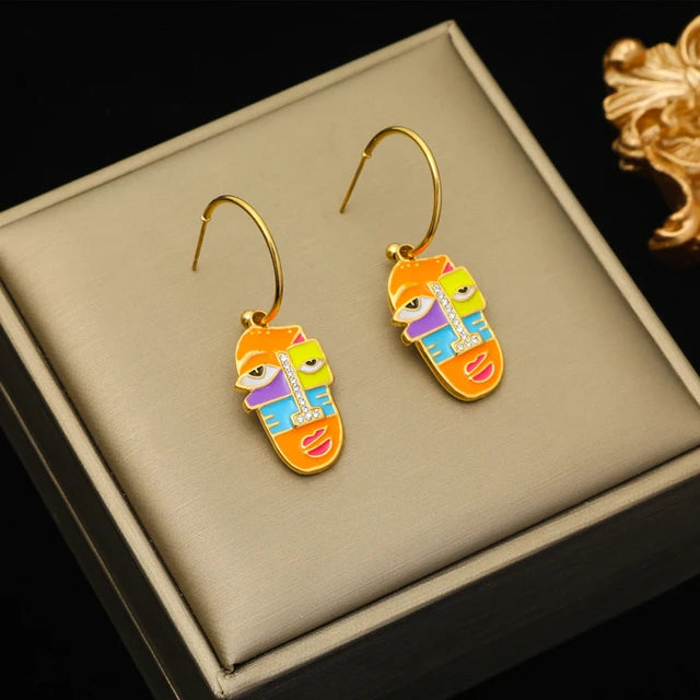 Stainless Steel Exaggerated Geometric Funny Face Drop Earrings For Women Girl Fashion Waterproof Ear Jewelry Gift