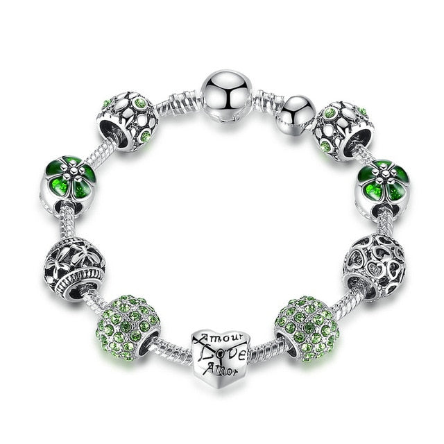 Silver Beaded Love Charm Bracelet
