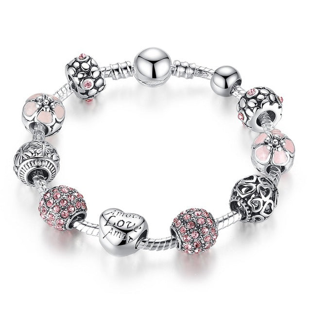 Silver Beaded Love Charm Bracelet