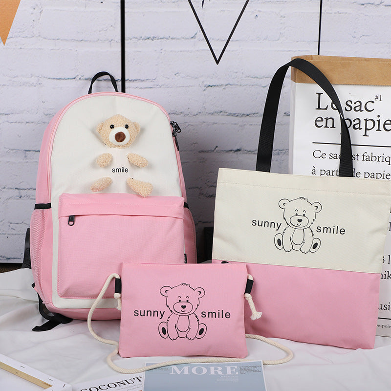 Bear backpack schoolbag three piece set