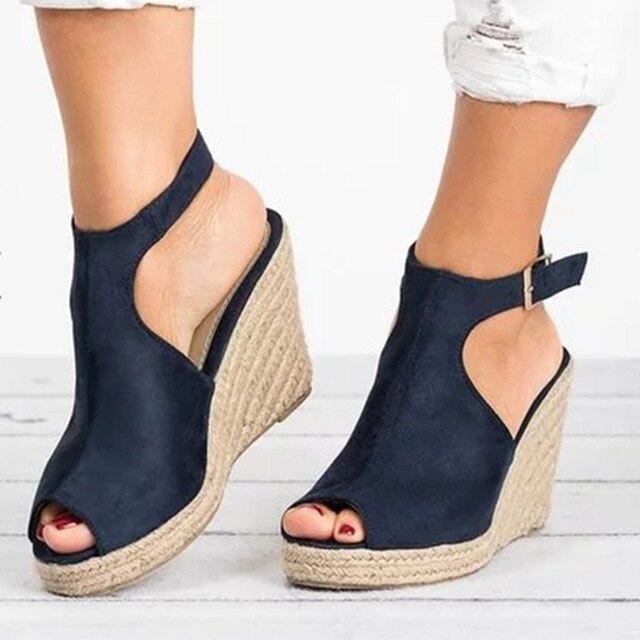 Suede Open Toe Cork Wedge Heels