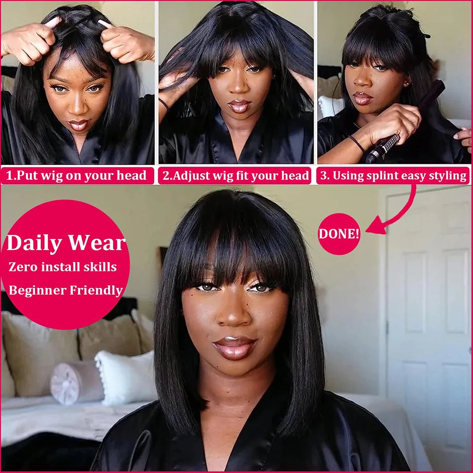 Bone Straight Human Hair Bob Wig with Bangs