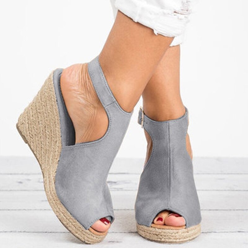 Suede Open Toe Cork Wedge Heels