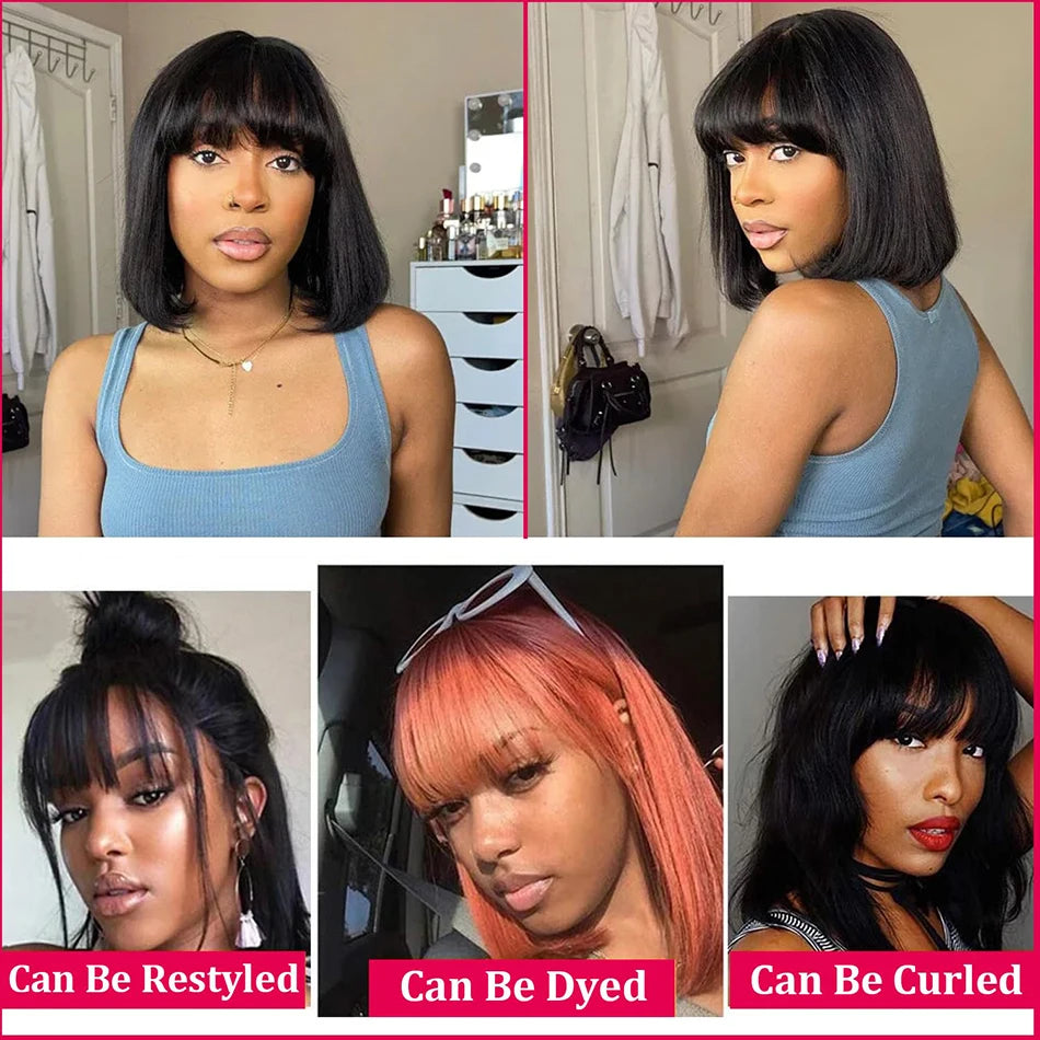 Bone Straight Human Hair Bob Wig with Bangs