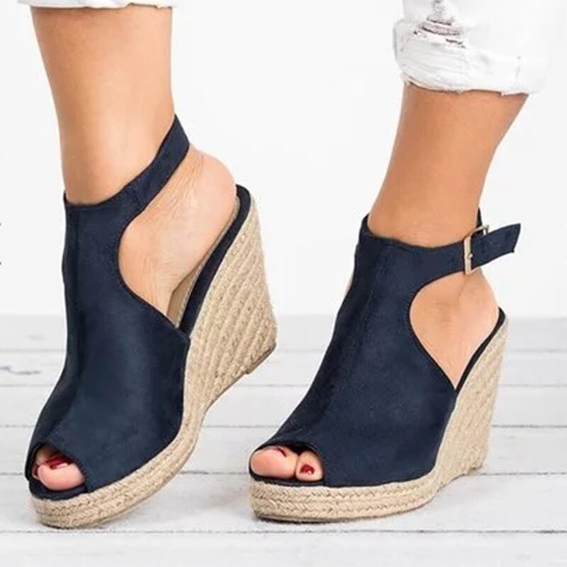 Suede Open Toe Cork Wedge Heels