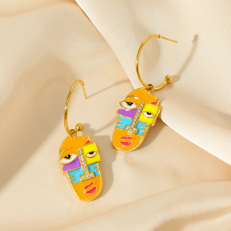 Stainless Steel Exaggerated Geometric Funny Face Drop Earrings For Women Girl Fashion Waterproof Ear Jewelry Gift