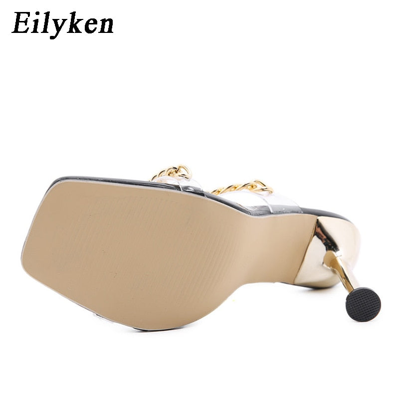 Glam Chain Square Toe Clear Heel Mules
