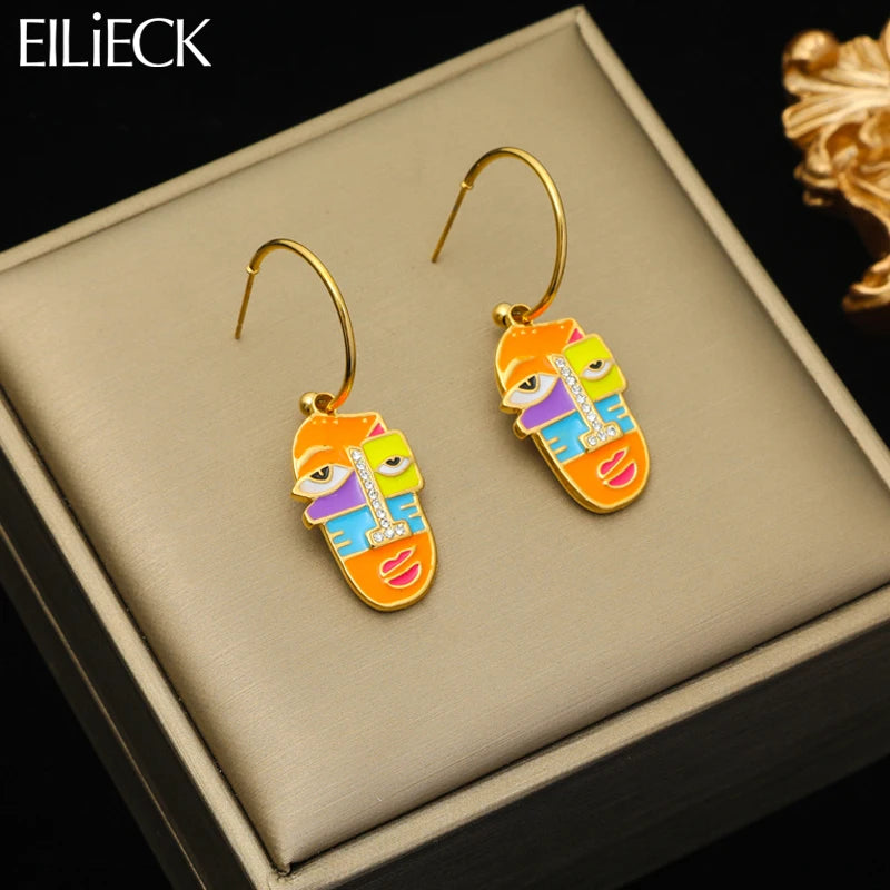 Stainless Steel Exaggerated Geometric Funny Face Drop Earrings For Women Girl Fashion Waterproof Ear Jewelry Gift