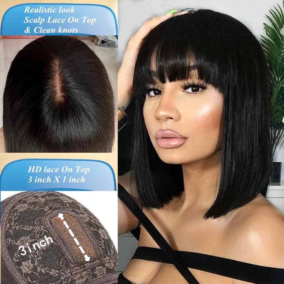 Bone Straight Human Hair Bob Wig with Bangs
