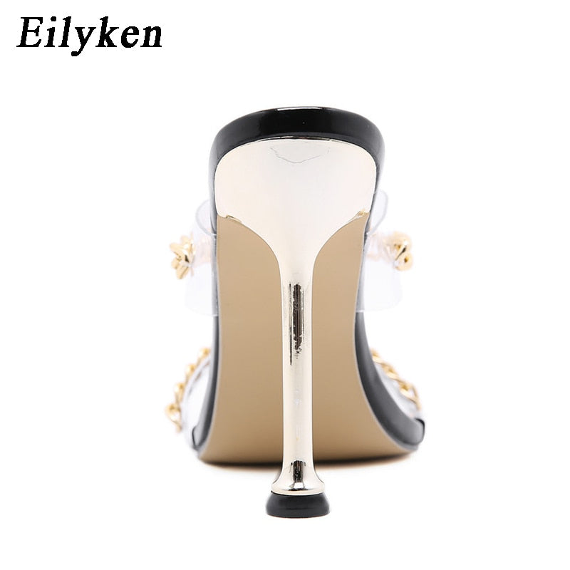 Glam Chain Square Toe Clear Heel Mules