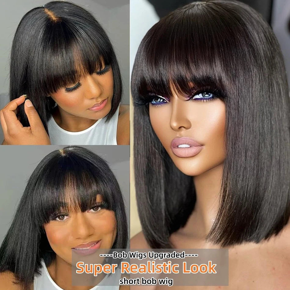 Bone Straight Human Hair Bob Wig with Bangs