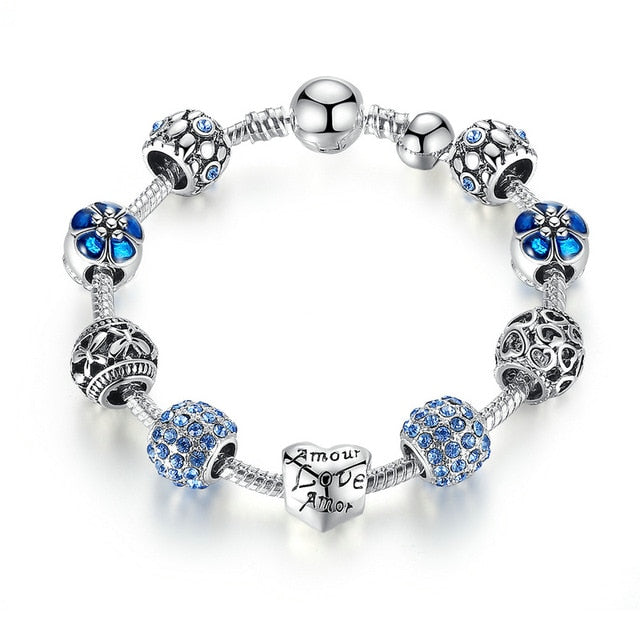 Silver Beaded Love Charm Bracelet