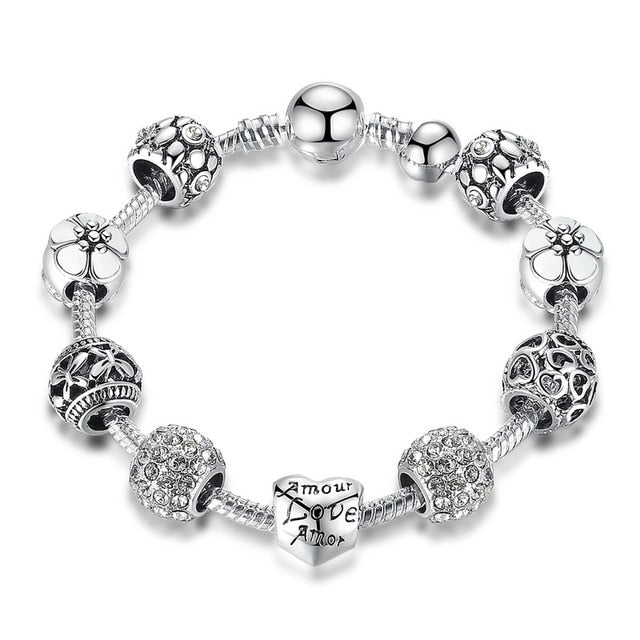 Silver Beaded Love Charm Bracelet